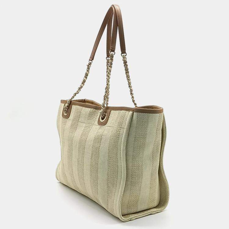 Pre Owned Chanel Beige Brown Canvas Deauville Tote and Shoulder Bag