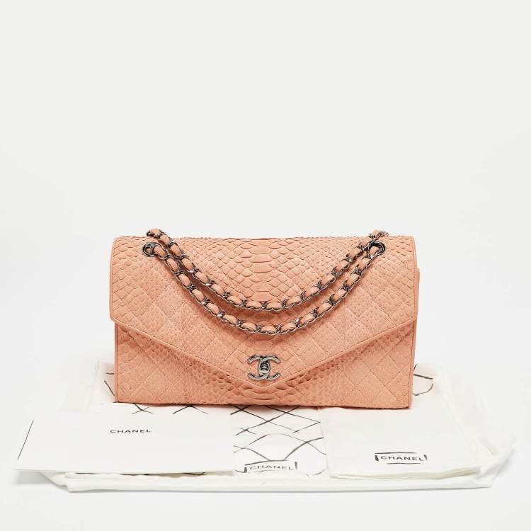 Pre Owned Chanel Peach Python Envelope Flap Bag