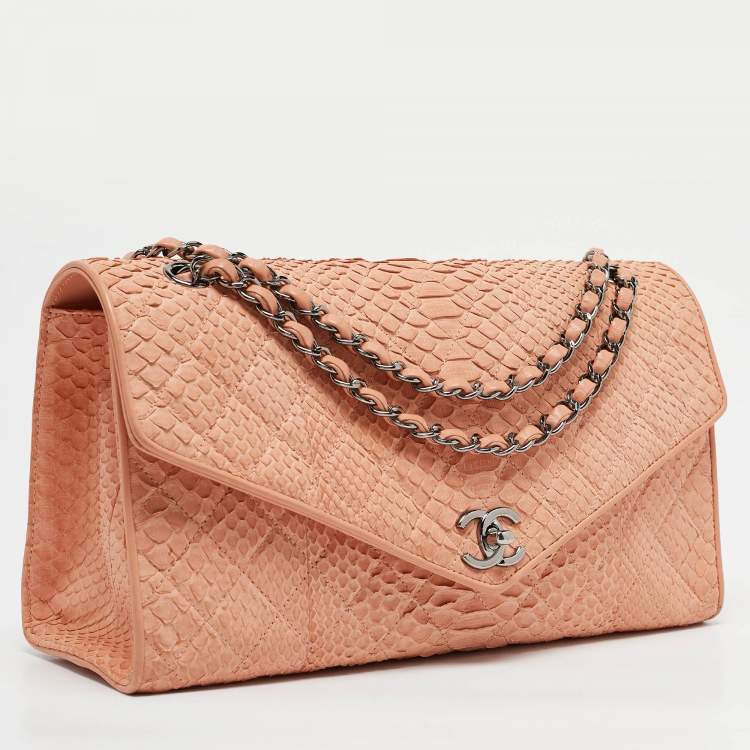 Pre Owned Chanel Peach Python Envelope Flap Bag