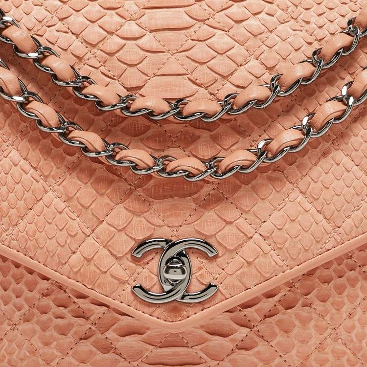 Pre Owned Chanel Peach Python Envelope Flap Bag