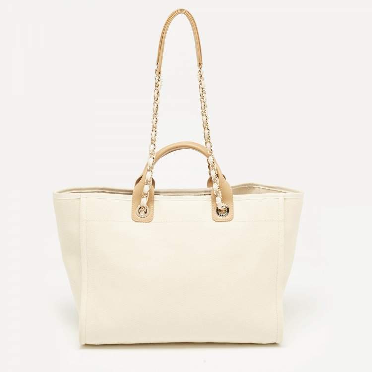 Pre Owned Chanel Tan/Cream Canvas Large Pearl Deauville Shopper Tote