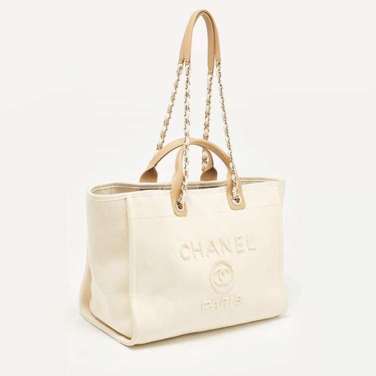 Pre Owned Chanel Tan/Cream Canvas Large Pearl Deauville Shopper Tote