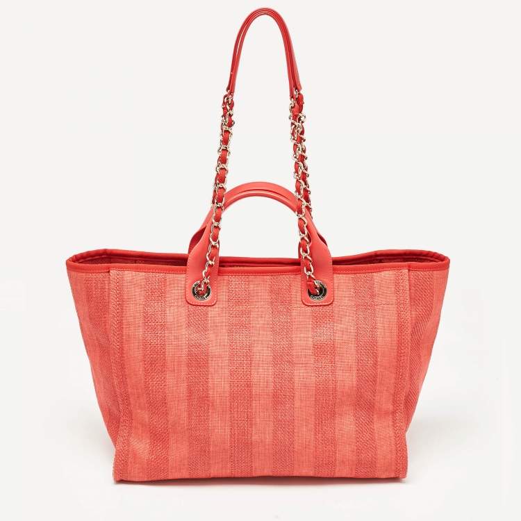Pre Owned Chanel Red Raffia Striped Large Deauville Shopper Tote