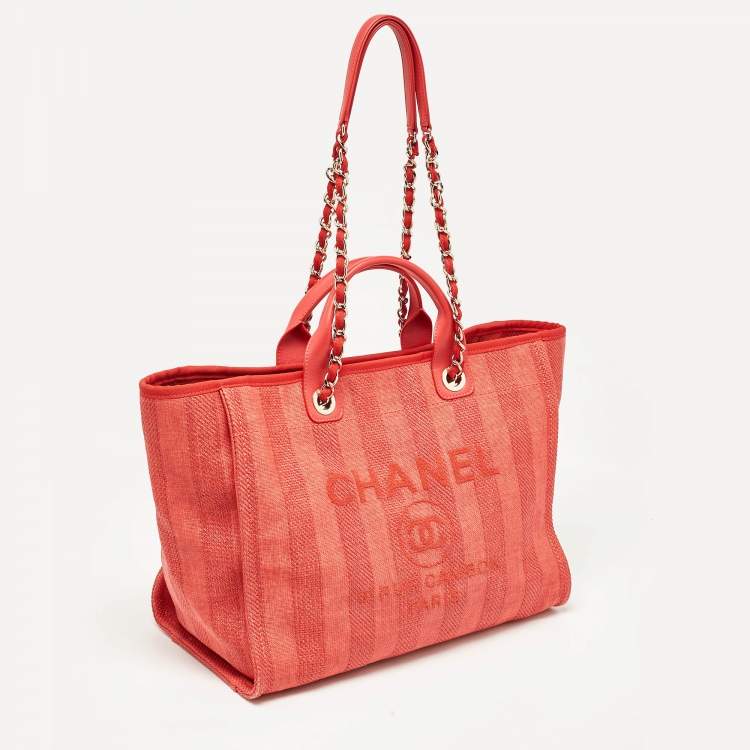Pre Owned Chanel Red Raffia Striped Large Deauville Shopper Tote
