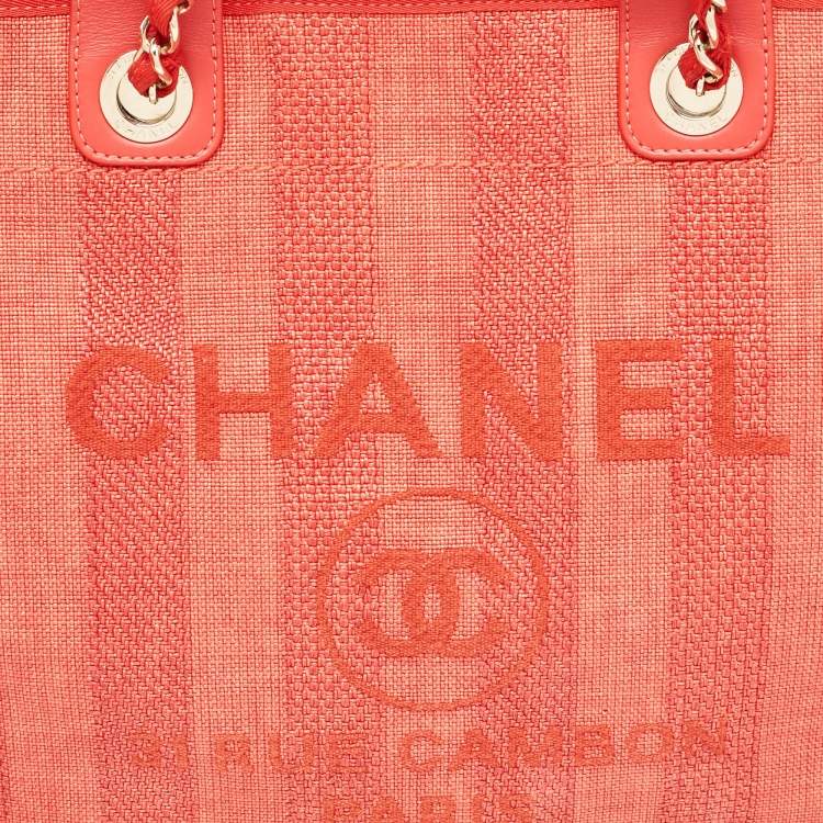 Pre Owned Chanel Red Raffia Striped Large Deauville Shopper Tote