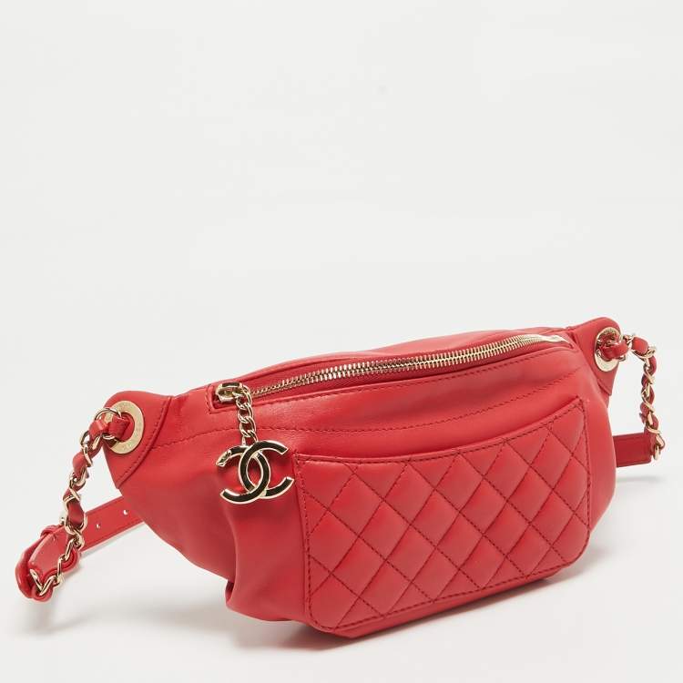 Pre Owned Chanel Red Quilted Leather Waist Bag
