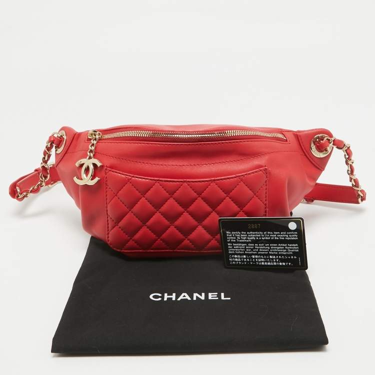 Pre Owned Chanel Red Quilted Leather Waist Bag