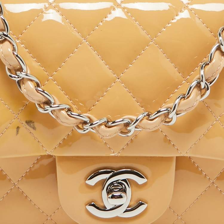 Pre Owned Chanel Beige Quilted Patent Leather Mini Square Classic Flap Bag
