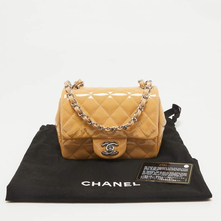 Pre Owned Chanel Beige Quilted Patent Leather Mini Square Classic Flap Bag