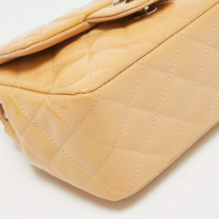 Pre Owned Chanel Beige Quilted Patent Leather Mini Square Classic Flap Bag