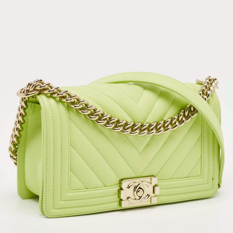 Pre Owned Chanel Light Green Quilted Leather Medium Boy Flap Bag