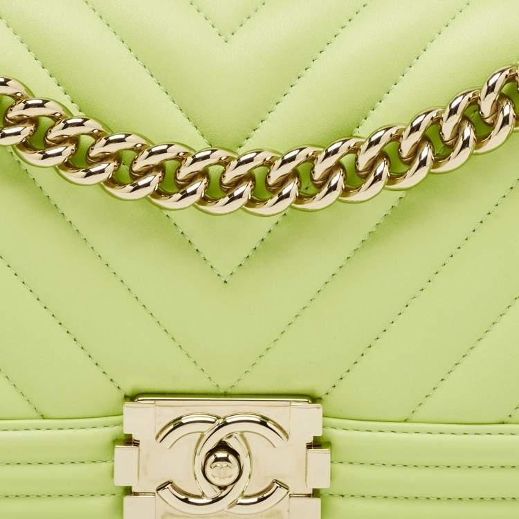 Pre Owned Chanel Light Green Quilted Leather Medium Boy Flap Bag