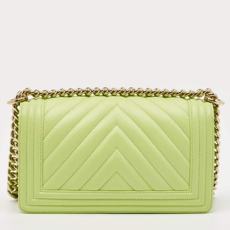 Pre Owned Chanel Light Green Quilted Leather Medium Boy Flap Bag