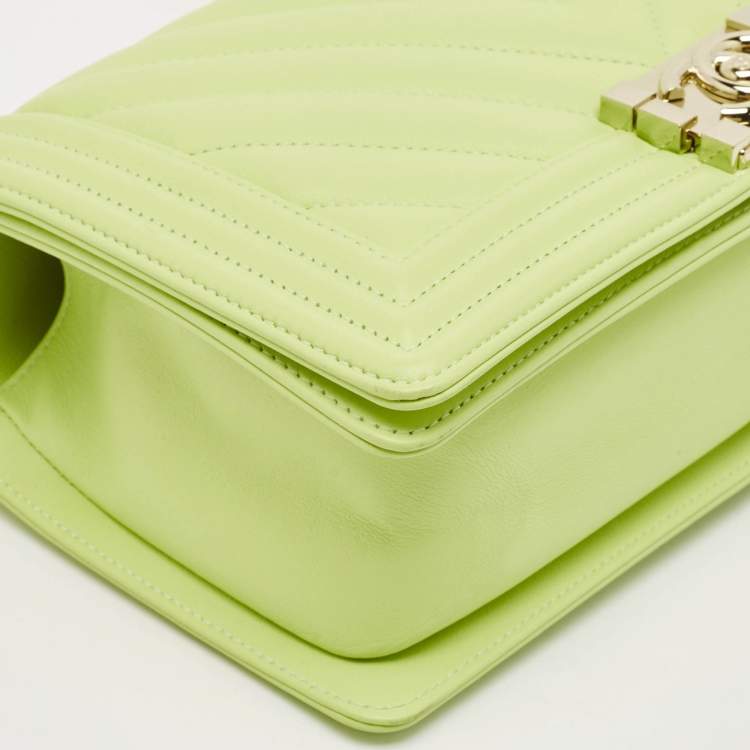 Pre Owned Chanel Light Green Quilted Leather Medium Boy Flap Bag