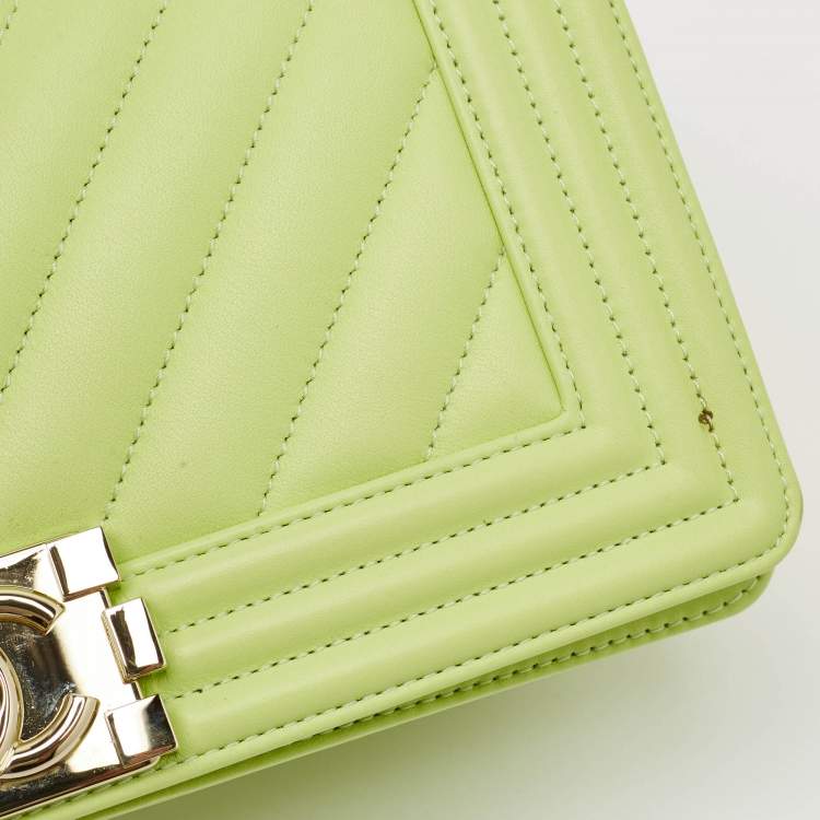 Pre Owned Chanel Light Green Quilted Leather Medium Boy Flap Bag