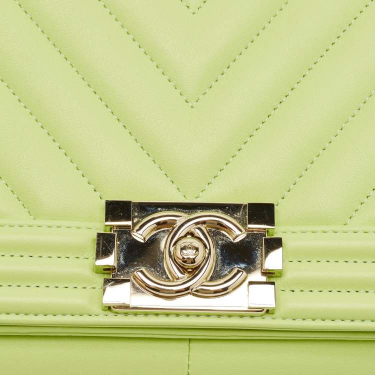 Pre Owned Chanel Light Green Quilted Leather Medium Boy Flap Bag