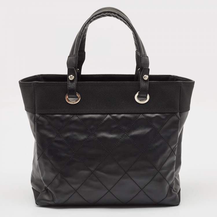 Pre Owned Chanel Black Quilted Coated Fabric Paris Biarritz Bag