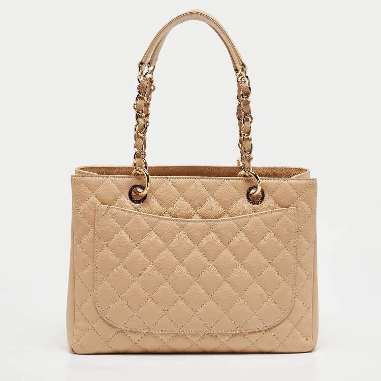 Pre Owned Chanel Beige Quilted Caviar Leather Grand Shopper Tote