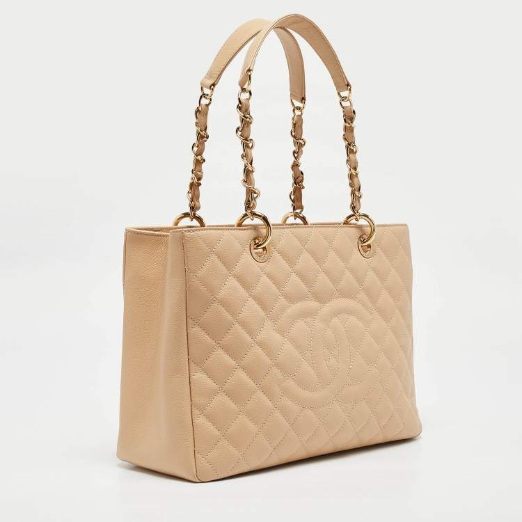 Pre Owned Chanel Beige Quilted Caviar Leather Grand Shopper Tote