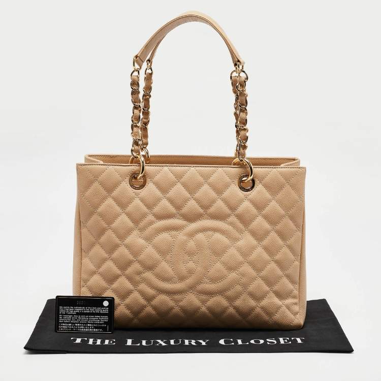Pre Owned Chanel Beige Quilted Caviar Leather Grand Shopper Tote
