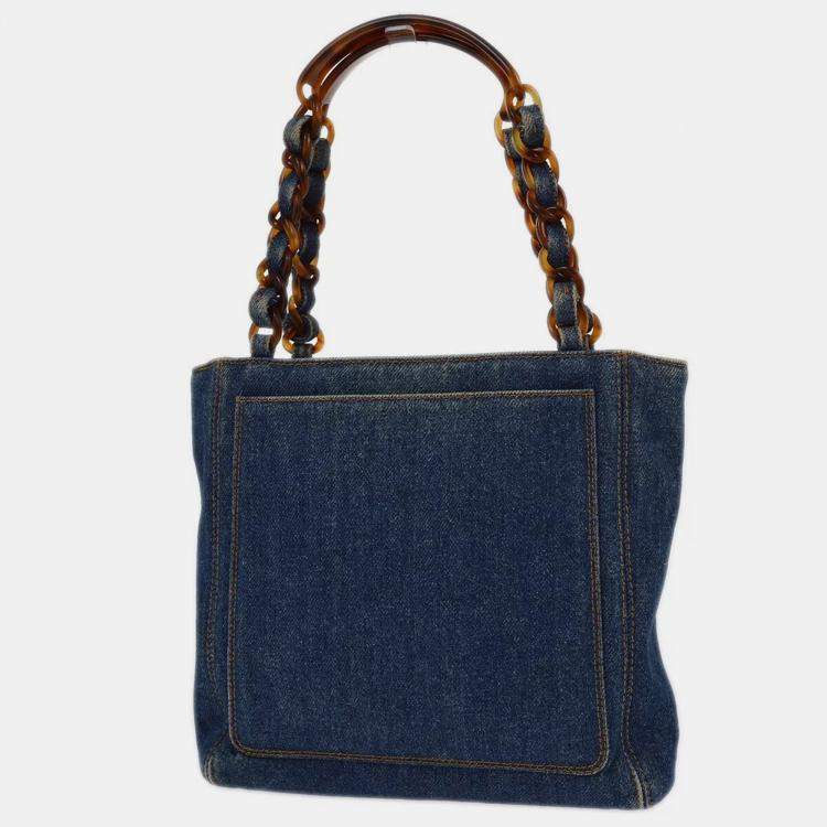 Pre Owned Chanel Blue Denim Chain Tote Bag