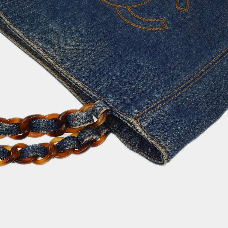 Pre Owned Chanel Blue Denim Chain Tote Bag