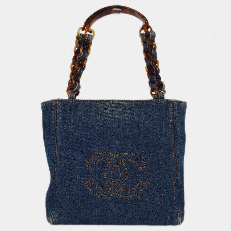 Pre Owned Chanel Blue Denim Chain Tote Bag