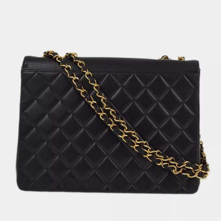 Pre Owned Chanel Black Lambskin Leather Maxi Classic Flap Jumbo Chain Shoulder Bag