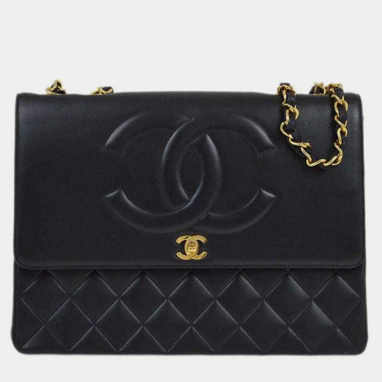 Pre Owned Chanel Black Lambskin Leather Maxi Classic Flap Jumbo Chain Shoulder Bag