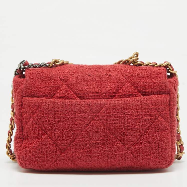 Pre Owned Chanel Red Quilted Tweed Medium 19 Flap Bag