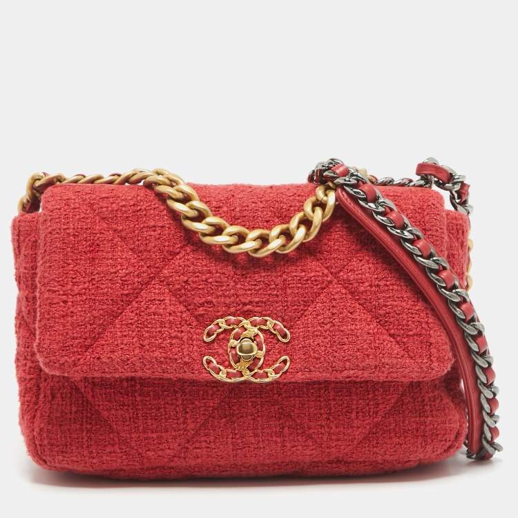 Pre Owned Chanel Red Quilted Tweed Medium 19 Flap Bag