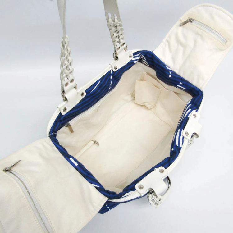 Pre Owned Chanel Cruise Lines Canvas Leather Tote Bag Blue White