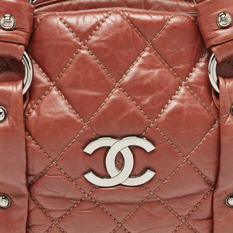 Pre Owned Chanel Dark Brown Quilted Aged Leather Small Puffer Lady Braid Bowler Bag