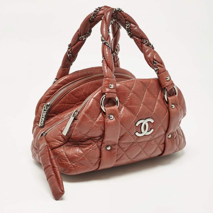 Pre Owned Chanel Dark Brown Quilted Aged Leather Small Puffer Lady Braid Bowler Bag