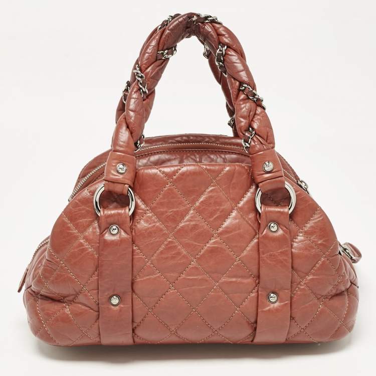 Pre Owned Chanel Dark Brown Quilted Aged Leather Small Puffer Lady Braid Bowler Bag