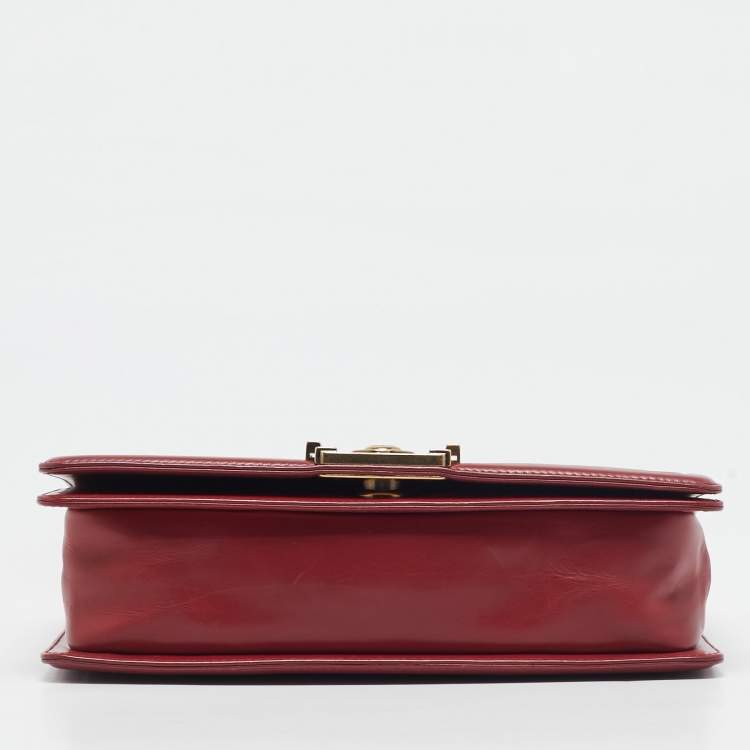 Pre Owned Chanel Red Leather Medium Boy Flap Bag