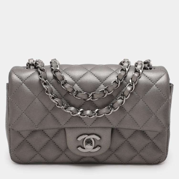 Pre Owned Chanel Dark Grey Quilted Leather Mini Rectangle Classic Single Flap bag