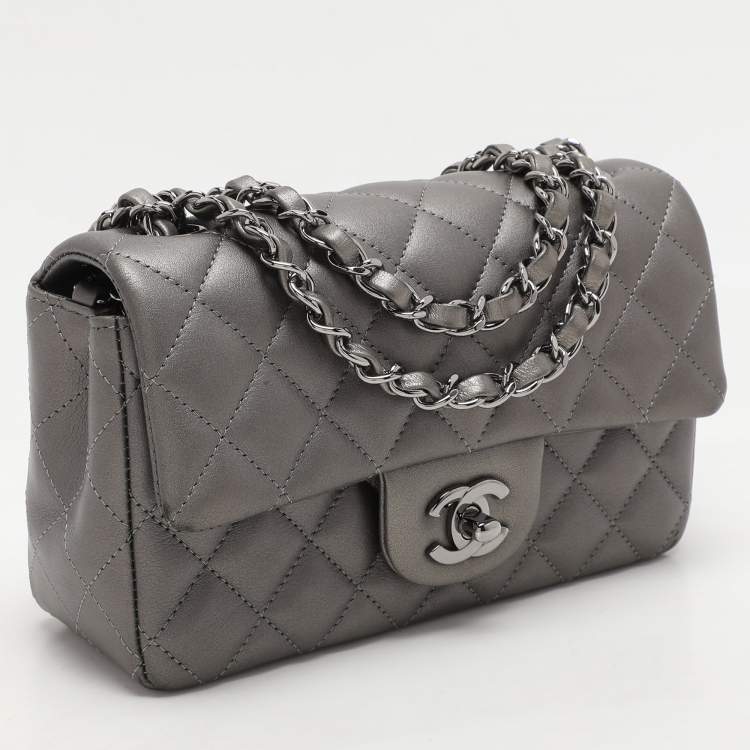 Pre Owned Chanel Dark Grey Quilted Leather Mini Rectangle Classic Single Flap bag