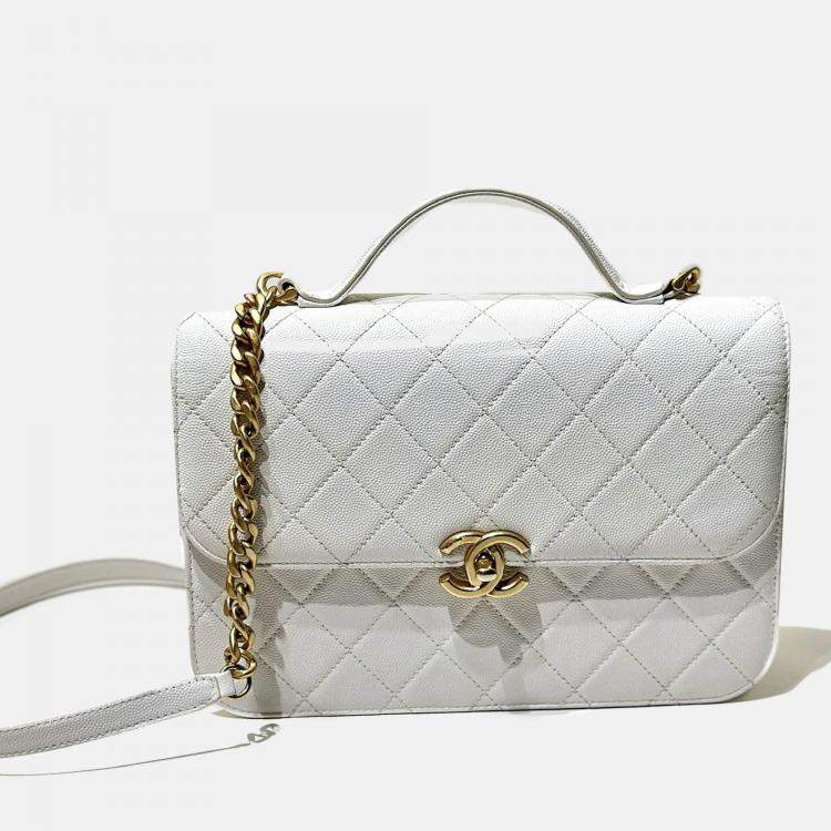 Pre Owned Chanel White Caviar Quilted Small Top Handle Flap Bag