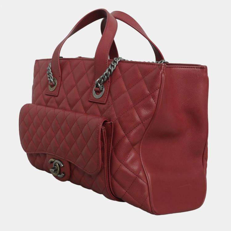 Pre Owned Chanel Red Caviar Leather Casual Pocket Tote Bag