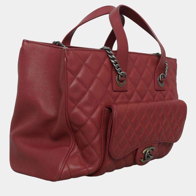 Pre Owned Chanel Red Caviar Leather Casual Pocket Tote Bag