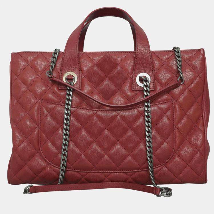 Pre Owned Chanel Red Caviar Leather Casual Pocket Tote Bag