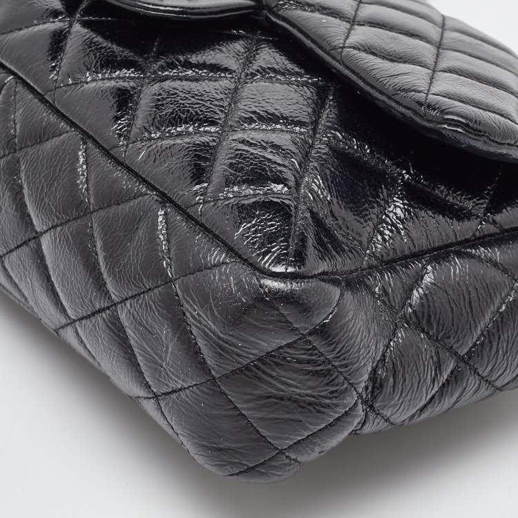 Pre Owned Chanel Black Crinkled Quilted Patent Leather Jumbo Single Flap Bag