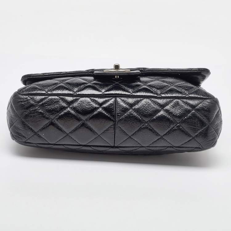 Pre Owned Chanel Black Crinkled Quilted Patent Leather Jumbo Single Flap Bag