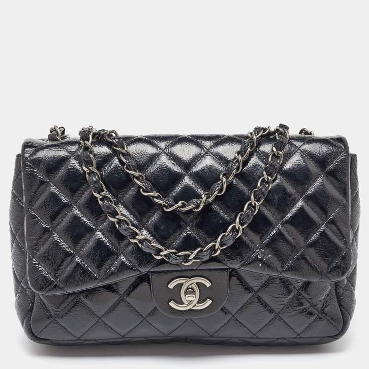 Pre Owned Chanel Black Crinkled Quilted Patent Leather Jumbo Single Flap Bag