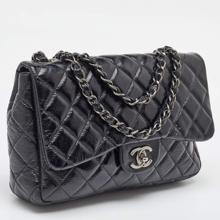 Pre Owned Chanel Black Crinkled Quilted Patent Leather Jumbo Single Flap Bag