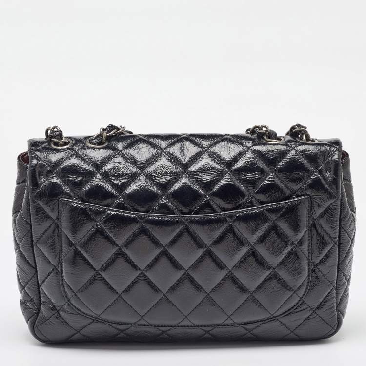 Pre Owned Chanel Black Crinkled Quilted Patent Leather Jumbo Single Flap Bag