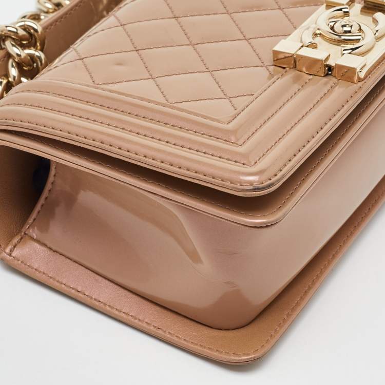 Pre Owned Chanel Beige Quilted Patent Leather Small Boy Flap Bag