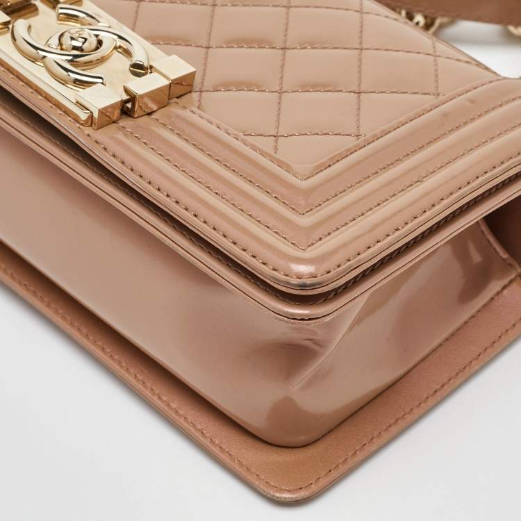 Pre Owned Chanel Beige Quilted Patent Leather Small Boy Flap Bag