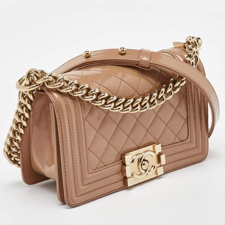 Pre Owned Chanel Beige Quilted Patent Leather Small Boy Flap Bag